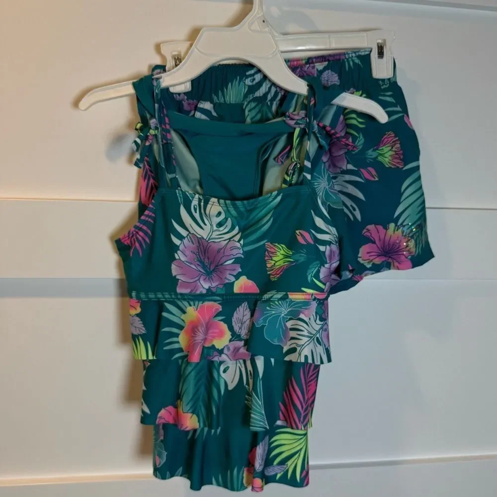 Girls Justice 3 piece set swim suit teal and floral and shorts size Large